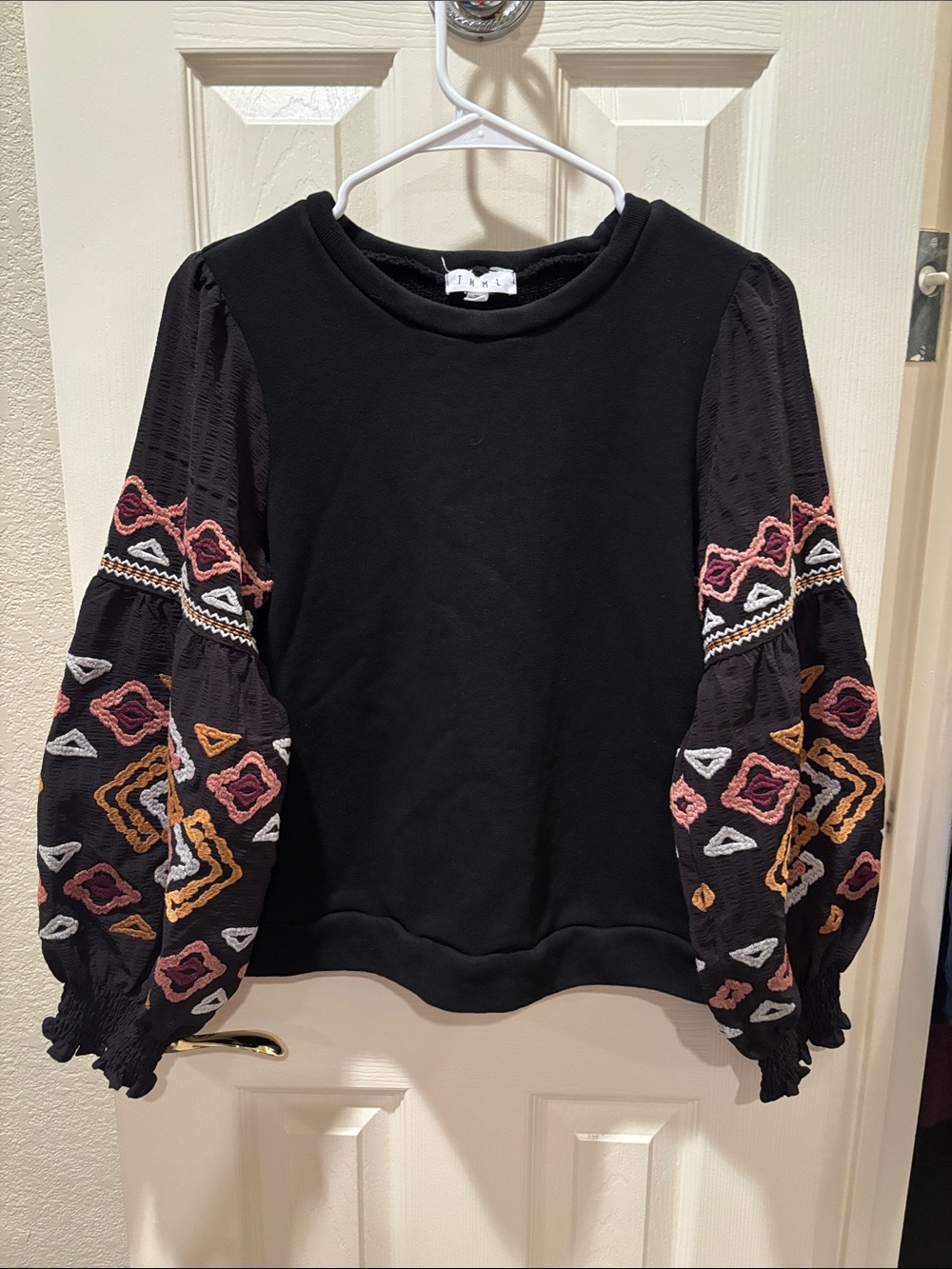THML Black Mixed Media Sweatshirt Geometric Embroidered Balloon Sleeve Top M